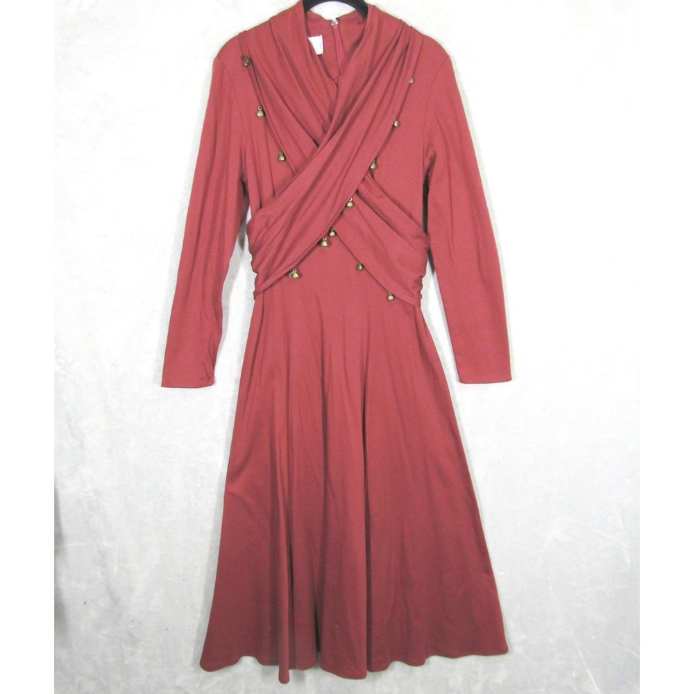 Vintage Oberon Midi Dress 6 Maroon Wrap Top Fit Flare Gold Bell Charms Cotton
